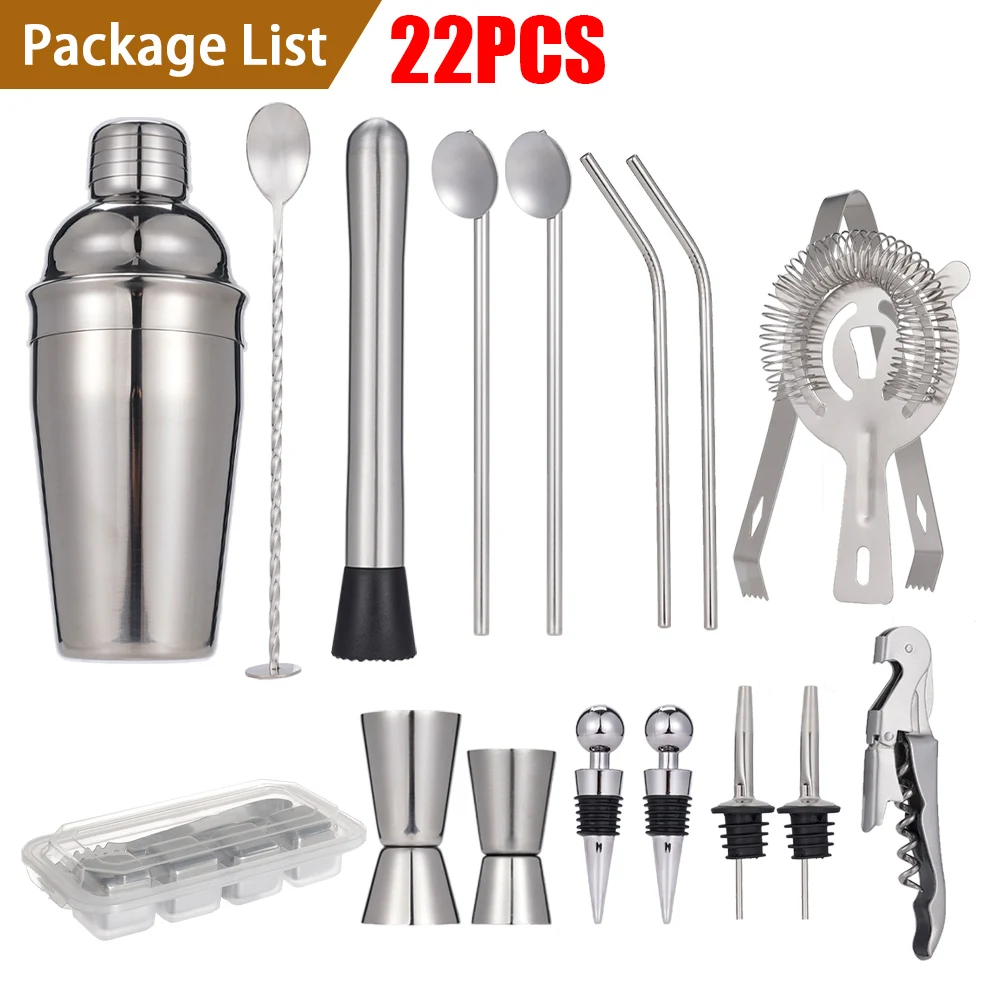 22Pcs Stainless Steel Cocktail Shaker Set Mixer Wine Bottle Boston Martini Bartender Kit Drink Jigger Mixer Party Bar Tool 550ML