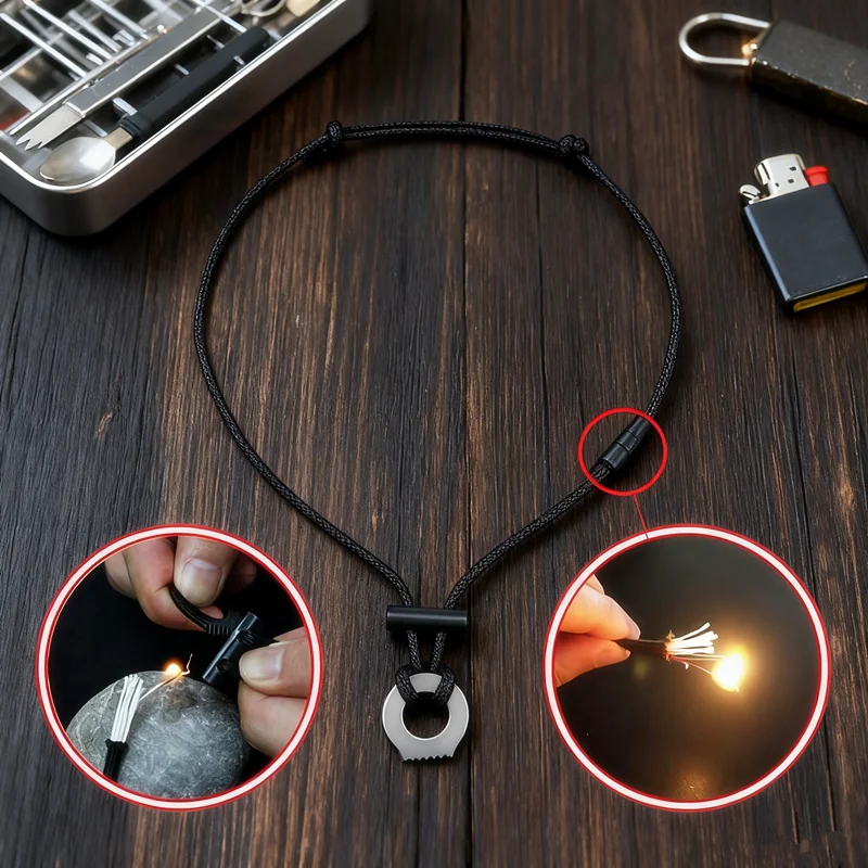 

New Outdoor camping multifunctional flint necklace+core umbrella rope necklace survival emergency necklace survival accessories