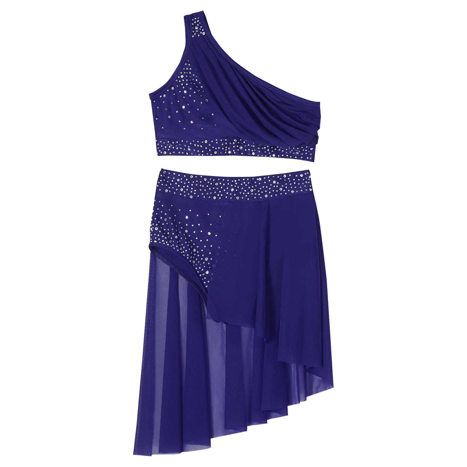 Mädchen Modern Lyrical Dance Outfit Strass Mesh One Shoulder Crop Top und Rock Gymnastic Skating Ballett Tanz Trikot Kleid