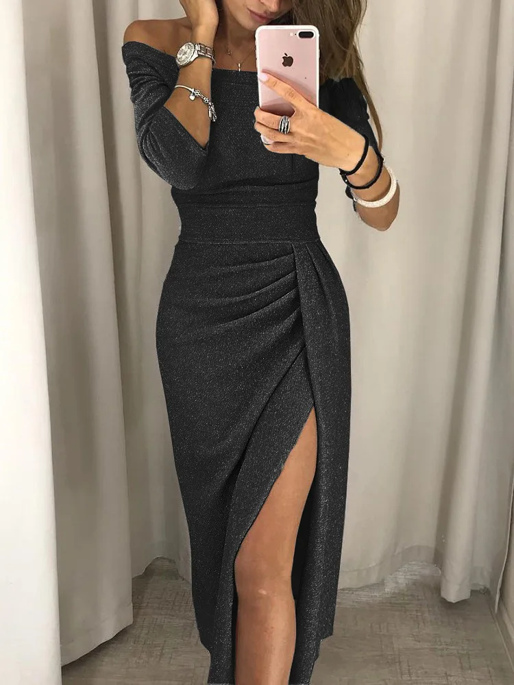 2023 New Women\'s Off Shoulder Long Sleeve Bodycon Evening Party Long Dress Asymmetrical Split Pencil Dresses S M L XL XXL