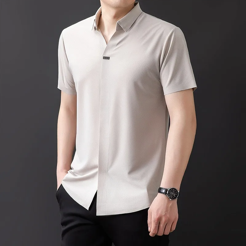 

Oversize 7XL High End Goldman Shirts Short Sleeve Business Casual Tops Elastic Non-iron Breathable Quality Luxurious Men T-shirt