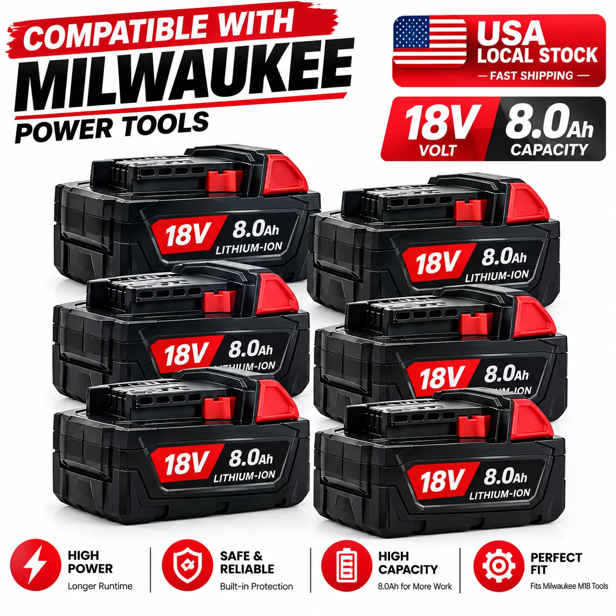 18V 8Ah Lithium Ion Battery Pack Compatible with Milwaukee M18, Replacement Battery for Cordless Power Tools Drill Saw