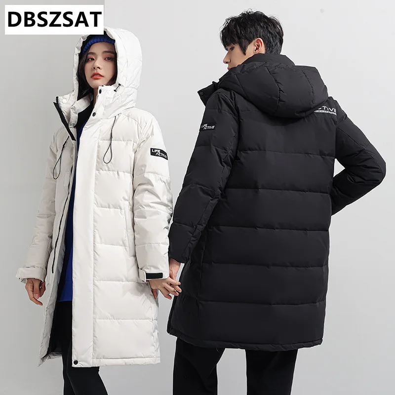 Outono inverno casal pato branco para baixo jaqueta ao ar livre casual com capuz colarinho windbreakers longo para baixo casaco masculino preto branco outerwear