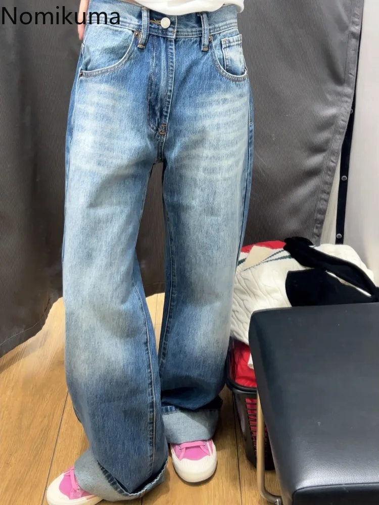 Calça feminina de perna larga vintage, jeans Harajuku, cintura alta, calça jeans reta casual, moda streetwear, Y2K