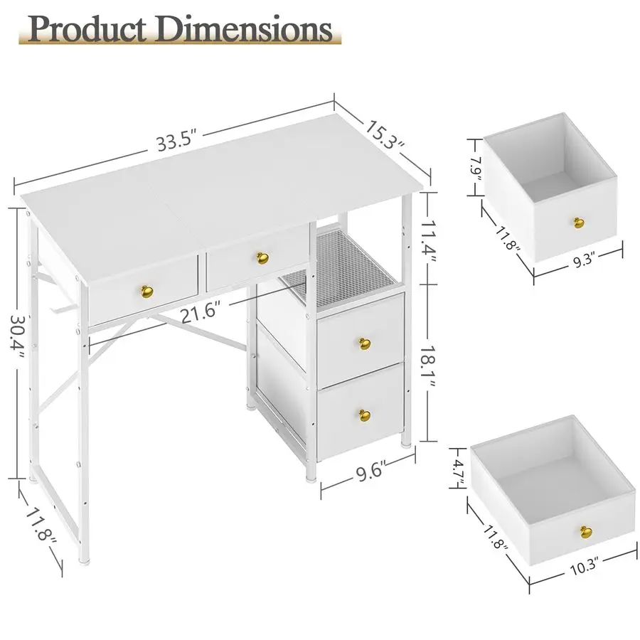 Computer Desk with 4 Fabric Drawers, Simple Writing Desk for Home Office, Compact Study Desks for Small Spaces, Kids Desk Study