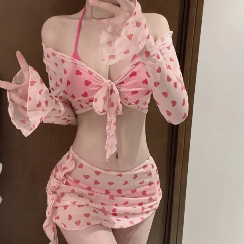 Sweet Pink Heart Print Three Piece Swimsuit Set with Sheer Long Sleeve Top Wrap Skirt Modest Swimwear for Beach Pool Vacation