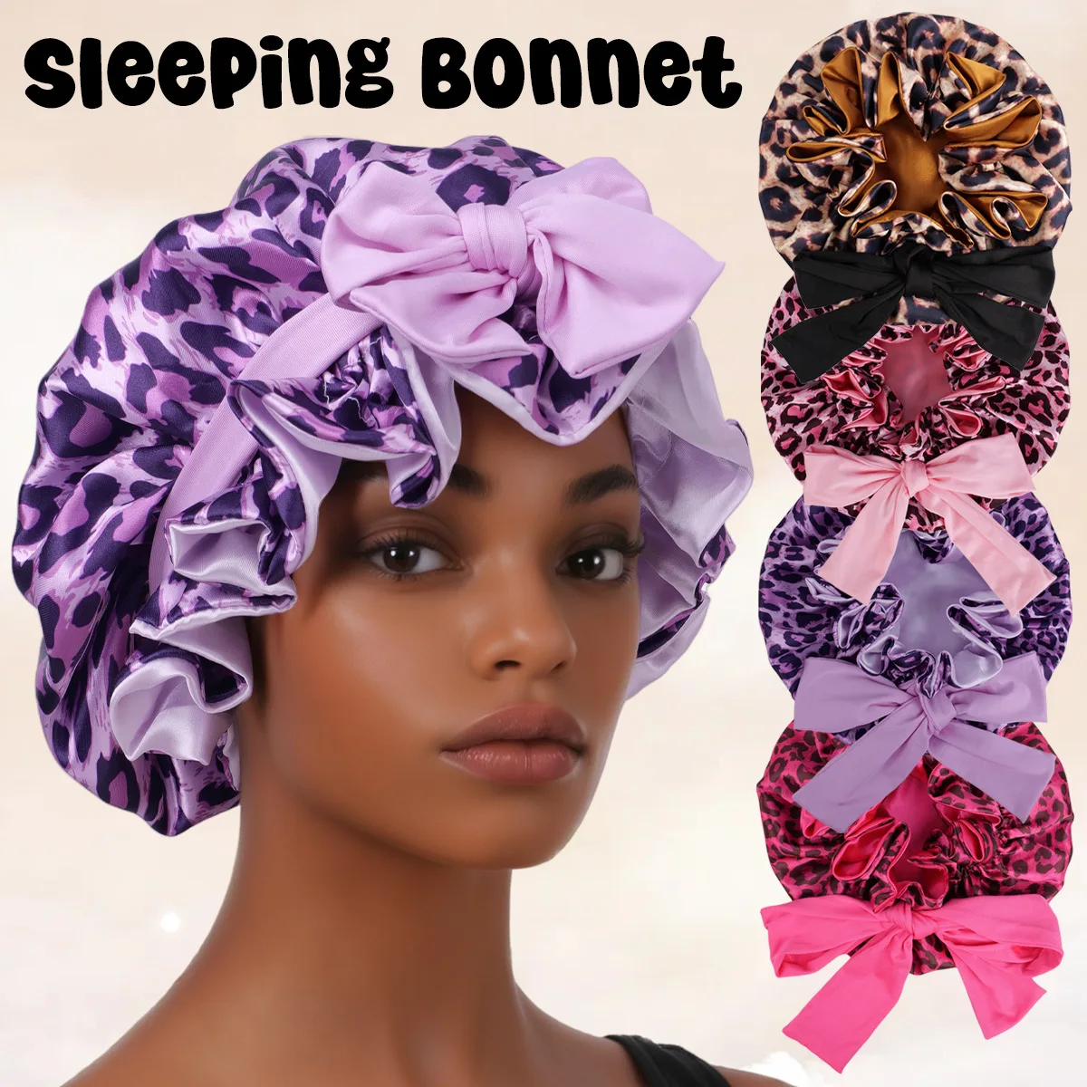 Hair Bonnet Printed Leopard Double Layer Satin Bow Tie Night Cap Splicing Hair Bonnet for Sleeping for Curly and Straight Hair