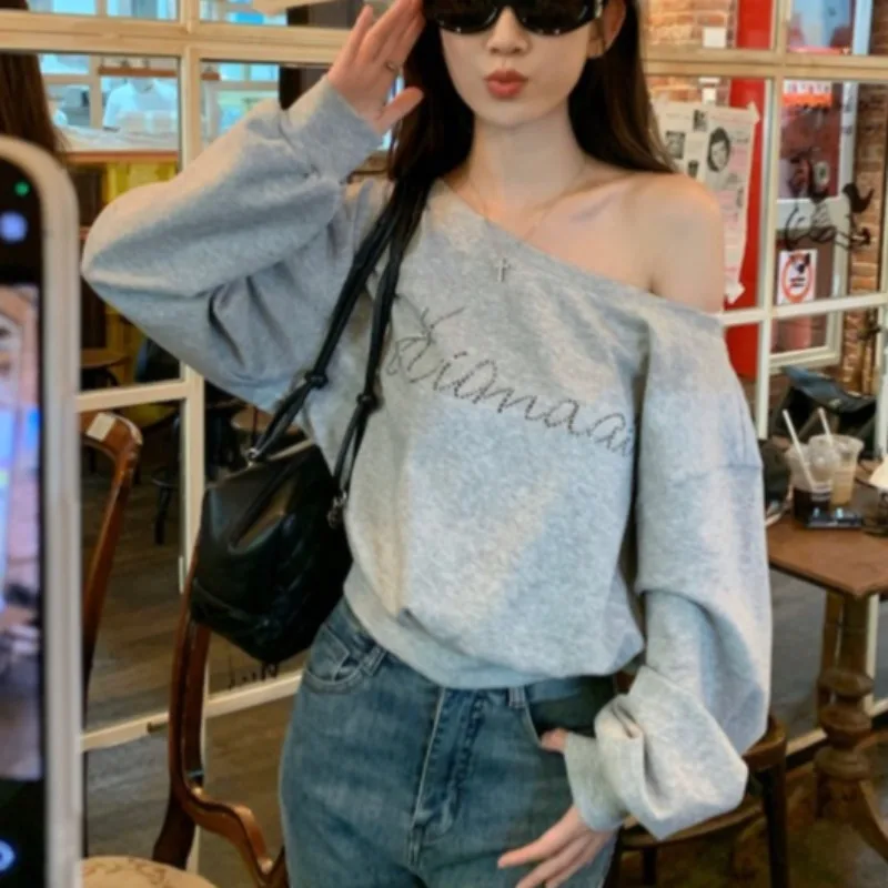 Skew Neck T-shirts for Women All-match Young Girls Casual Sexy Off Shoulder Spring Autumn Tees High Street Simple Solid Niche