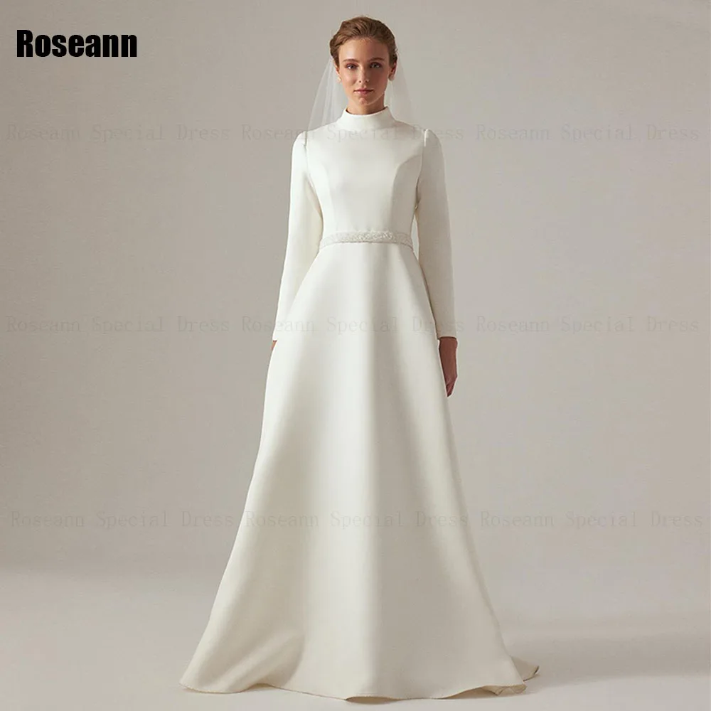 Muslim Fashion High Collar Ivory A-line Wedding Dresses Draped Pleat Flowers Belt Satin Bride Gown Floor Length robe de mariée