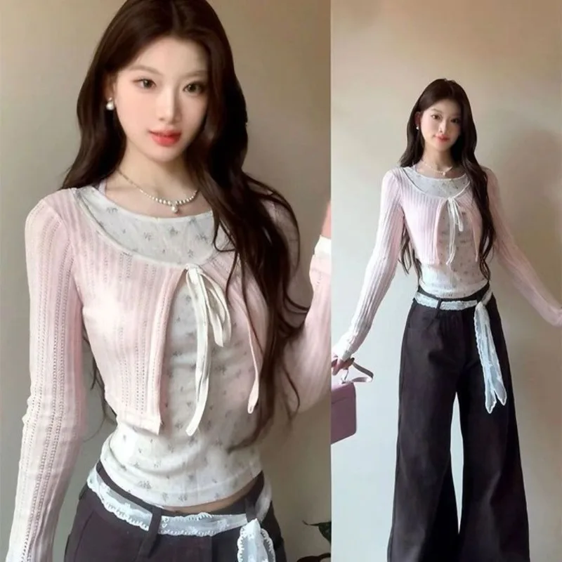 Kimutomo Women T Shirts Vintage Floral Printed Patchwork Fake Two Piece Long Sleeve Sweet Bandage Crop Tops Autumn Fashion