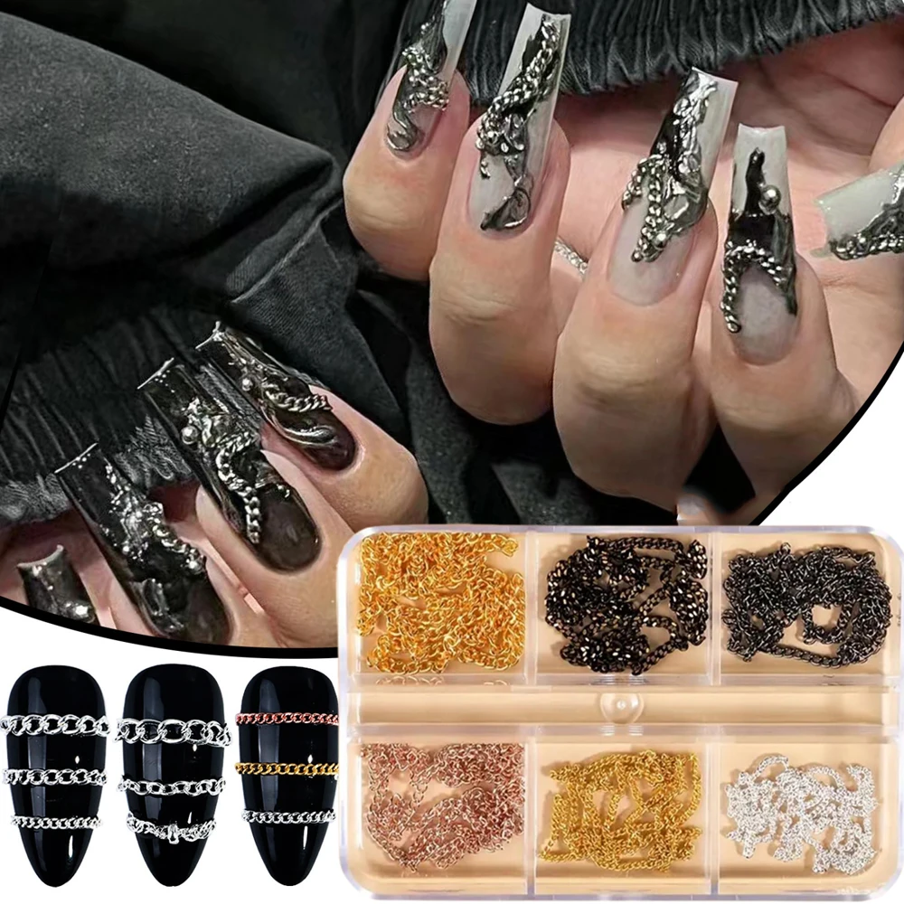 6 Grids Multi-Color Metal Chain Nail Charms Gold Silver Black Mini Link Chain Nail Studs Punk 3D Alloy Chain Nail Art Jewelry
