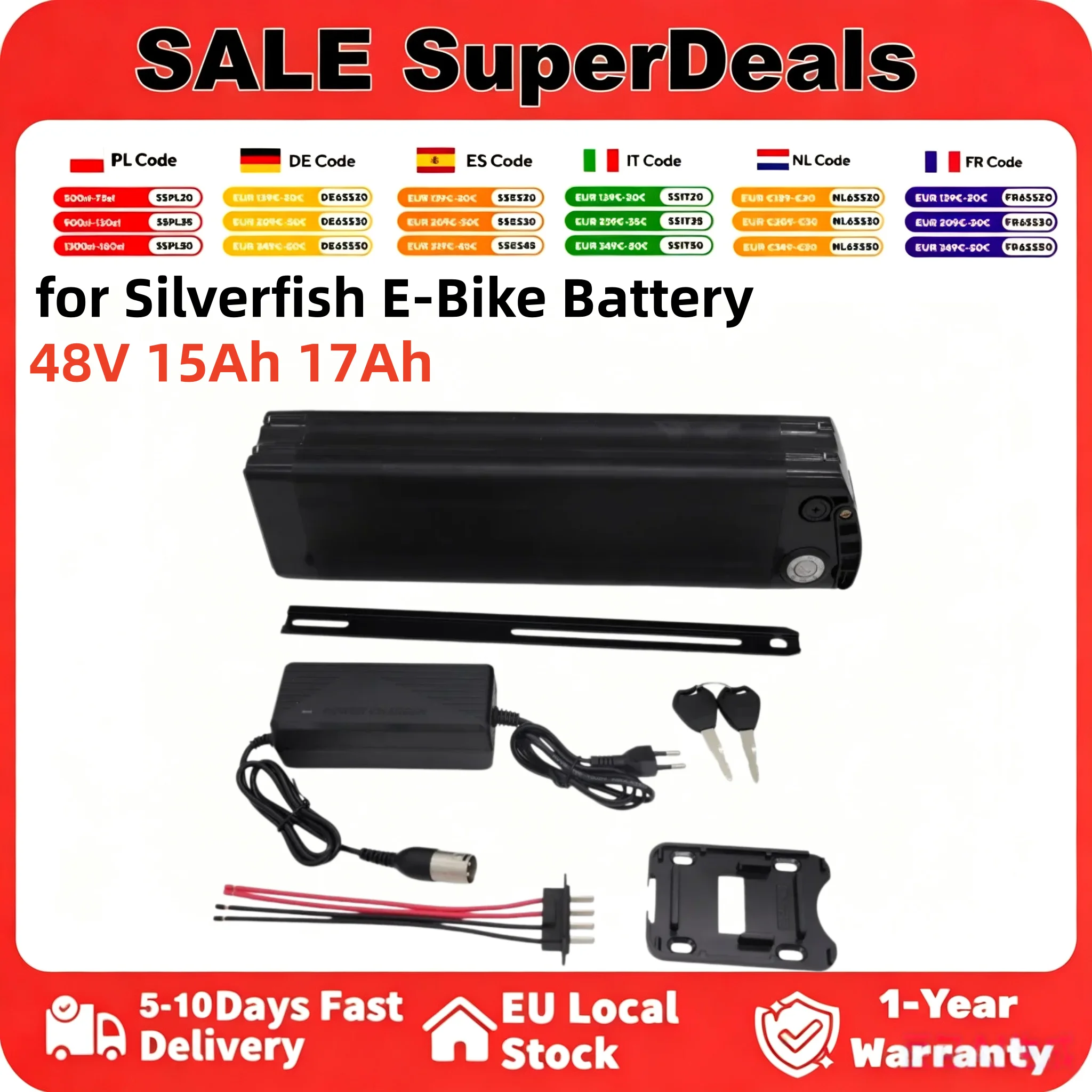 36V 48V 15Ah 17Ah 18650 Lithium-Akku mit eingebautem BMS, wiederaufladbarer E-Bike-Akku mit Ladegerät für Silverfish 250W-1000W Bafang Motor Kit