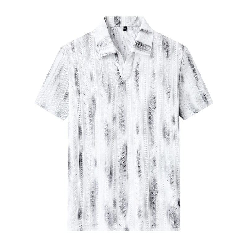 2026 Summer Men's New Style Seagull Collar Printed Knitted Short-Sleeved Polo Shirt with Partial Open Design, Cool and Breathabl