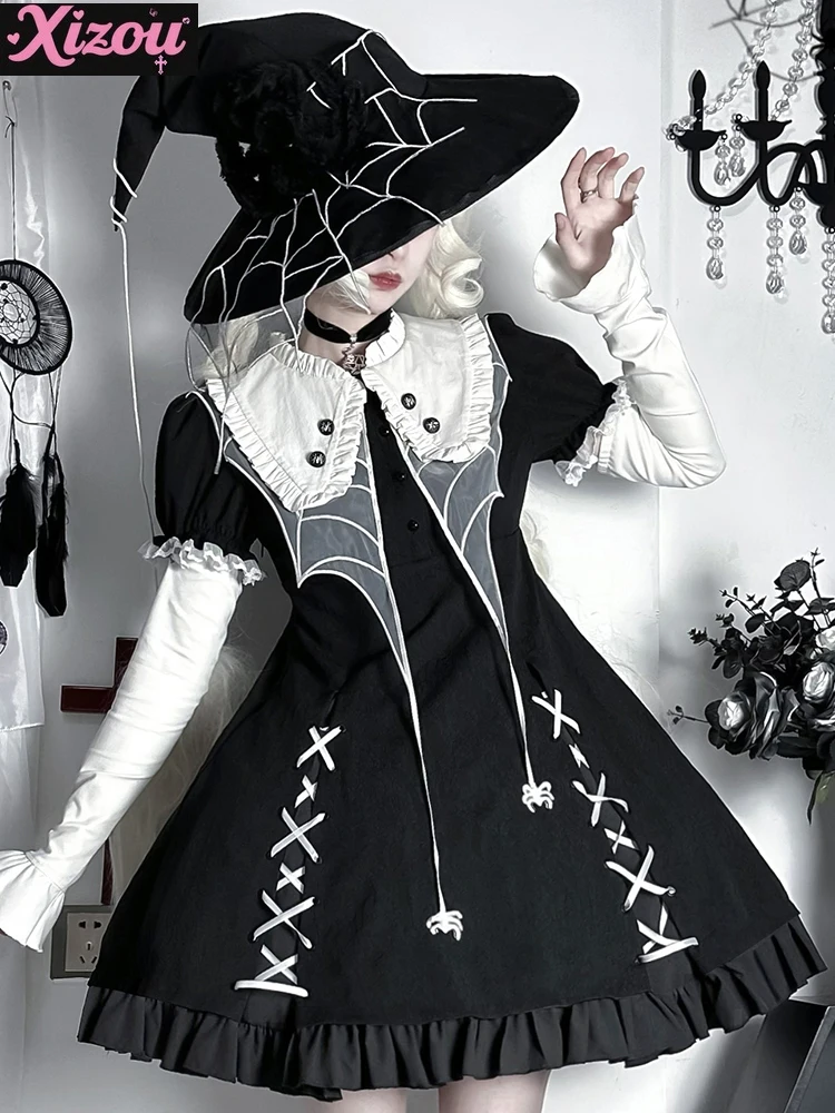 

Готический панк-стиль, темная Лолита, повседневный костюм с короткими рукавами на Хэллоуин, черная монахиня, субкультура, платье Лолиты с талией, женский костюм