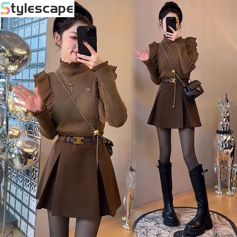 

Winter Outfit for Women 2024 New Korean Style Tight Fitting Ruffled Sweater, Niche Half Skirt Two-piece Set Trendy Short Sets