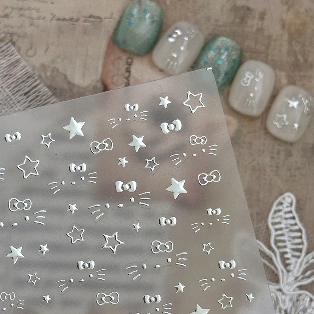 1 foglio 5D carino HelloKitty fiocco adesivo per unghie metallizzato argento Kitty Cat slider decalcomanie autoadesive adesivi per manicure Hello Kitty