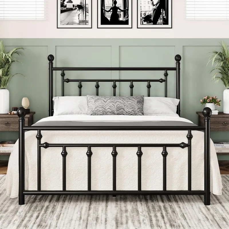 14 Inch Full Size Metal Platform Bed Frame with Victorian Vintage Headboard and Footboard, No Box Spring Needed, Easy Assembly