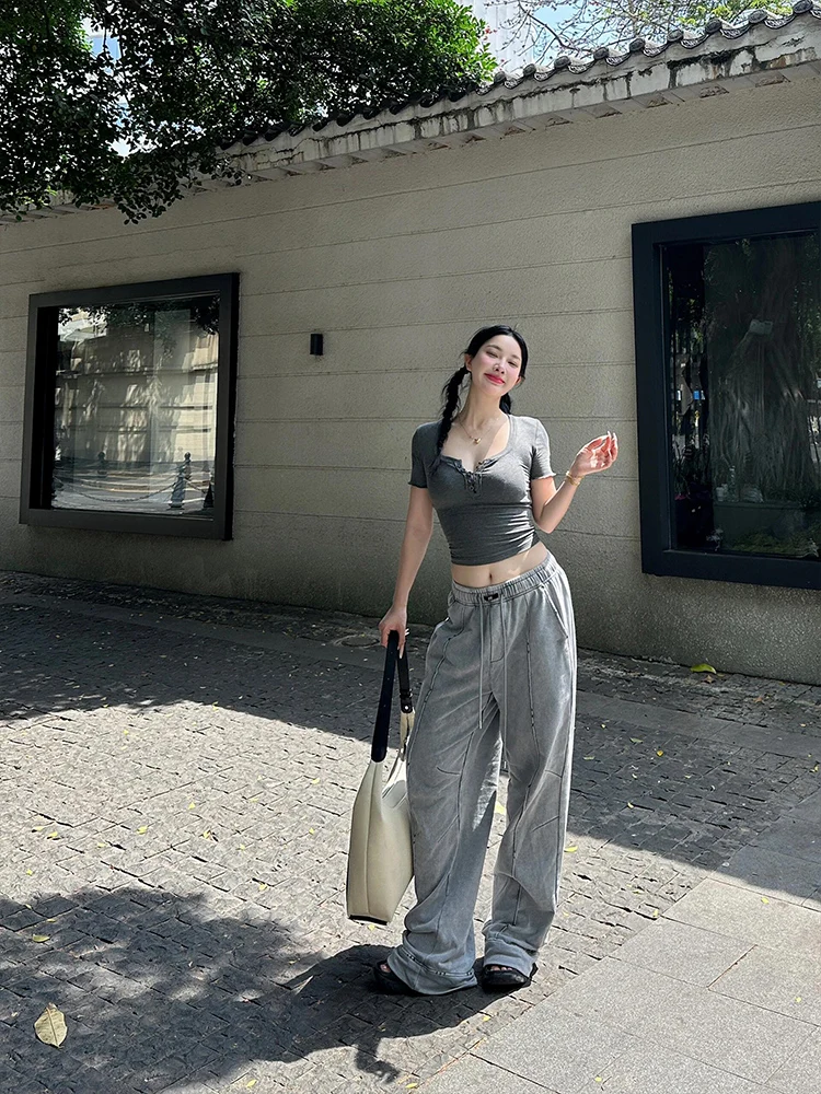 Cseta de Manga Corta Estilo Americano para Mujer, Verano, Ajustada, Sexy, Cuello Medio Abierto con Botones en los Hombros,...