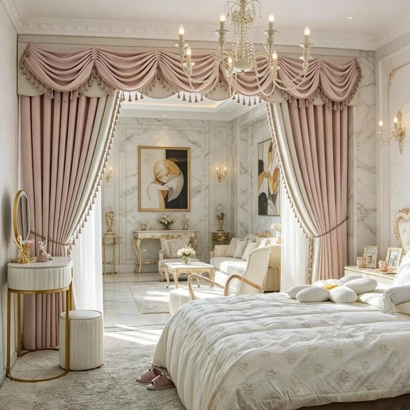 Französische Hochwertige Luxuriöse Rosa Mädchen-Vorhänge für Wohnzimmer Schlafzimmer Verdunkelung Modern Edle Gaze-Fenstervorhänge Maßanfertigung