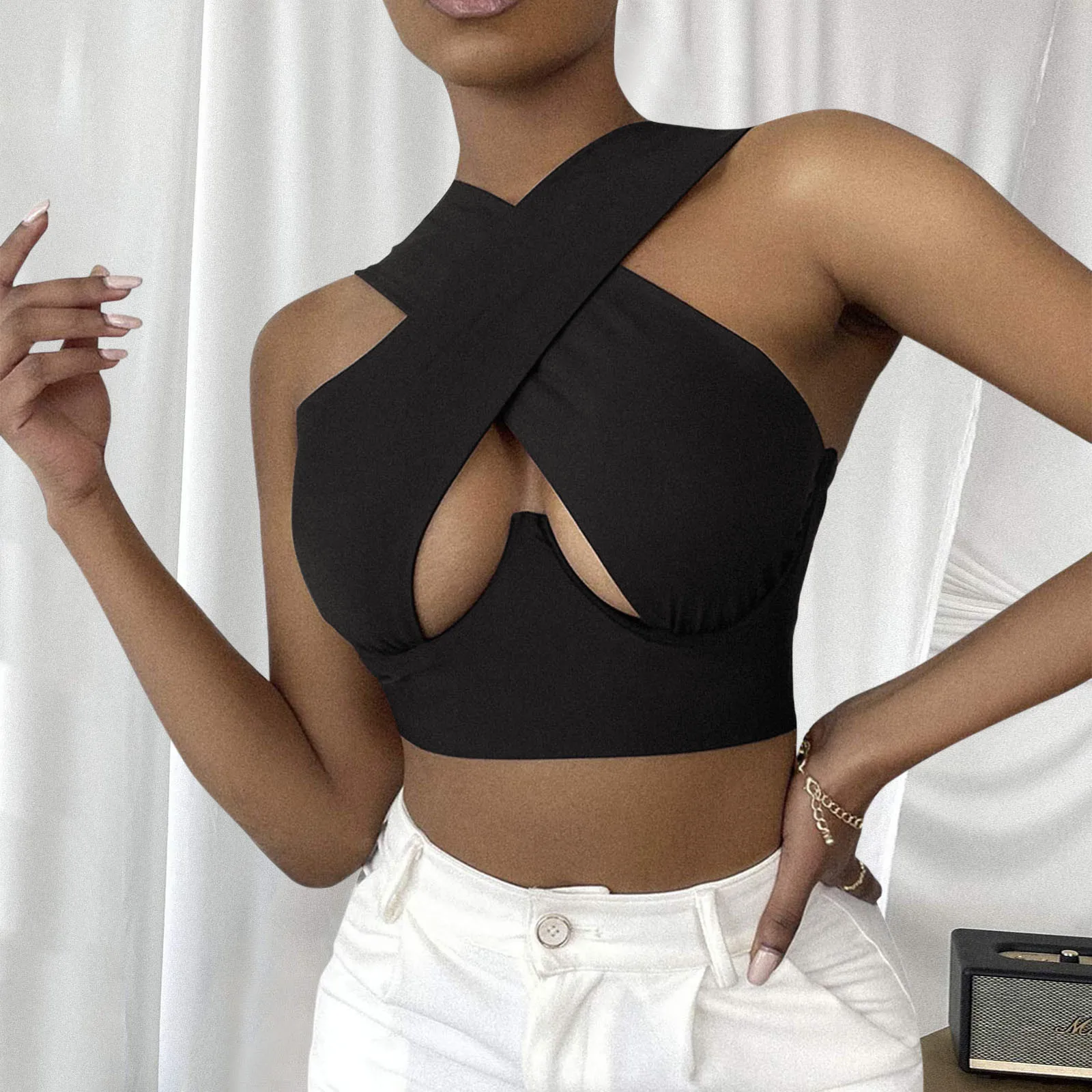 

Women'S Criss Cross Tank Tops Sexy Sleeveless Solid Color Cutout Front Crop Tops Party Club Streetwear Summer Lady Bustier Vest