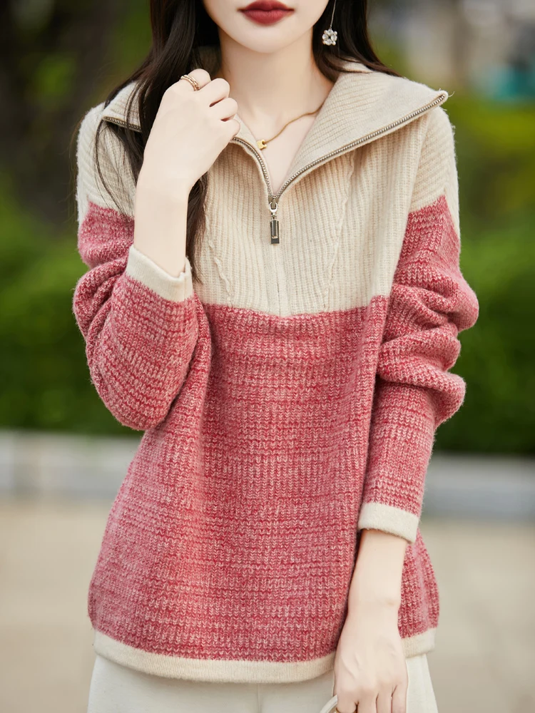 Women Cashmere  Sweater, Lapel Zipper Collar, High Collar, Long Sleeve Knitted, Thick Warm Top, Large Size, Fall, Winter Fashion