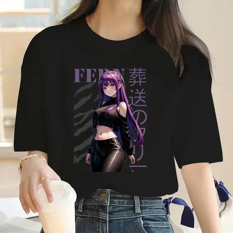 111 www كارتون لطيف Frieren Famale تي شيرت Beyond Journey's End مانغا مطبوعة الصيف تيز لينة 100% قطن حجم كبير المرأة Stre #3