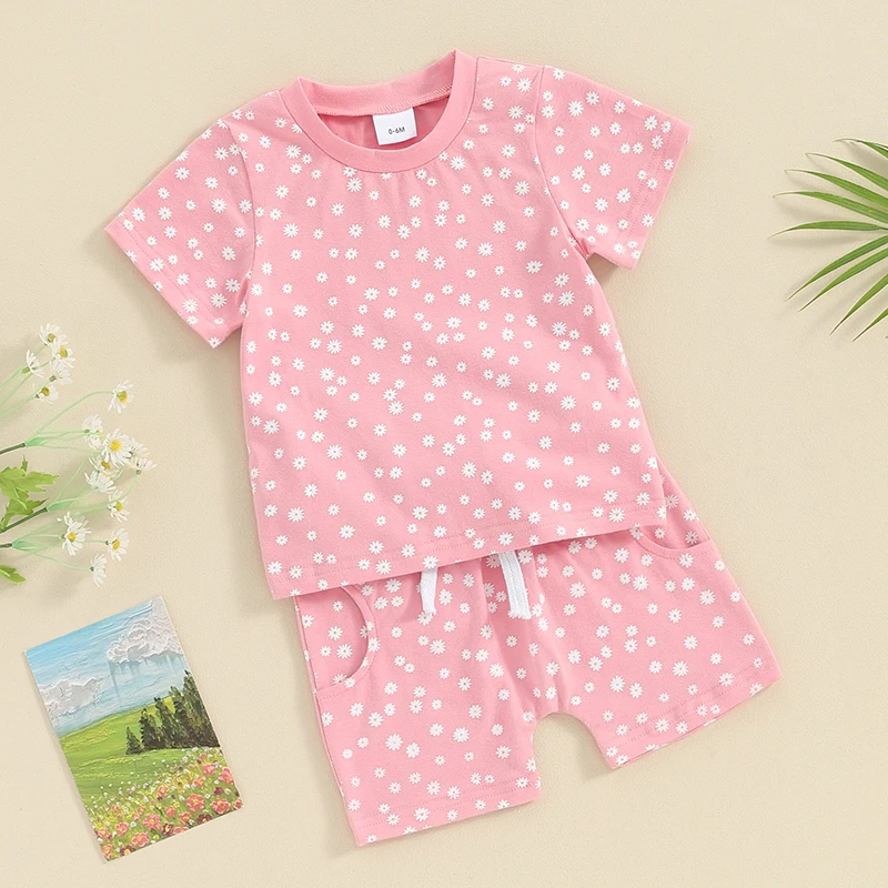 Toddler Baby Girl Summer Clothes Floral Print Outfit Short Sleeve T Shirt Tops and Stretch Jogger Shorts Set