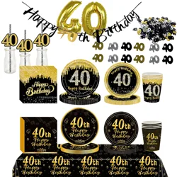 40th Birthday Tableware Black Gold Happy 40 Birthday Plate Cup Napkin for Men Women Cheers to 40 Years Party Birthday Decoration