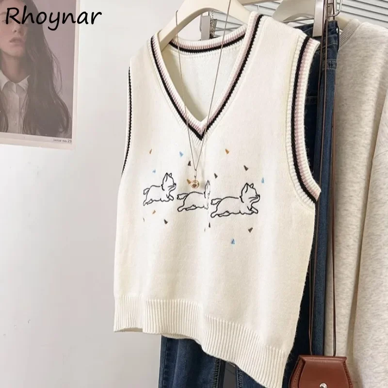 

Sweater Vests Women Korean Fashion Sleeveless V-neck Knitted Embroidery Sweet Tops College All-match Casual Layering Streetwear
