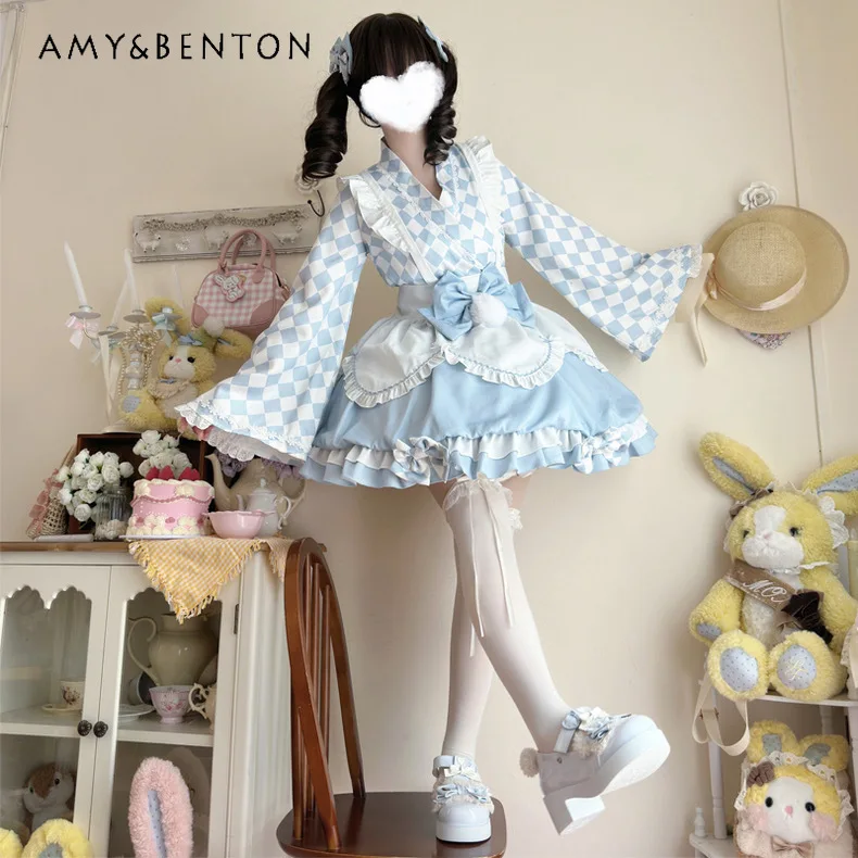 

Spring and Autumn New Hot Sale Japanese Style Soft Girl Yellow Pink Maid Costume Lolita Blue Long Sleeve Top Bow Skirt Apron Set