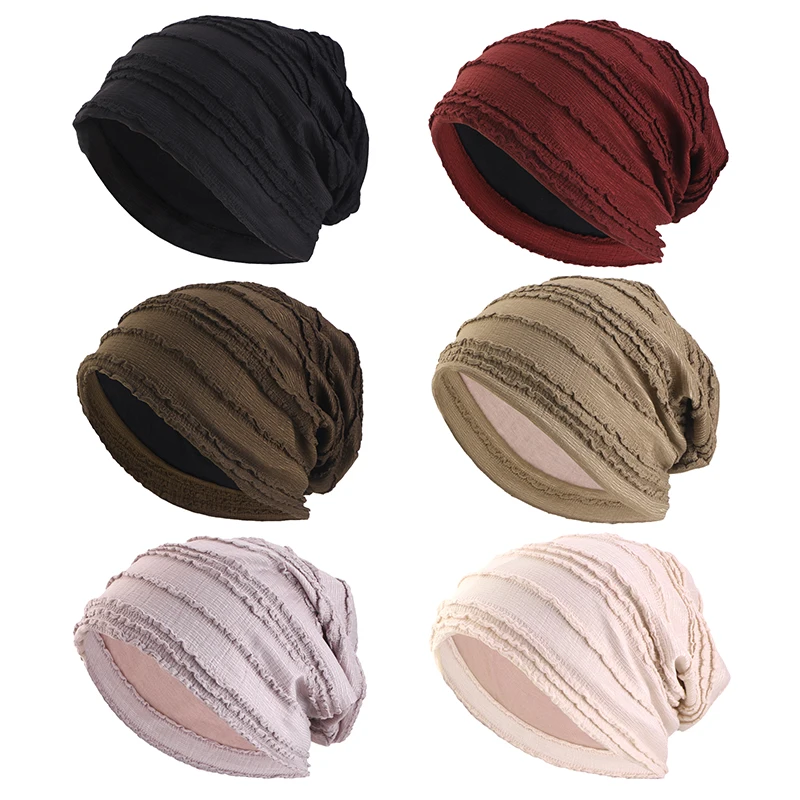 Neue doppellagige, plissierte Spitzen-Slouchy-Mütze, eleganter, geraffter Turban, Kopftuch, muslimischer Hijab, elastische, einfarbige Mütze, Chemio-Cap – Detail 2