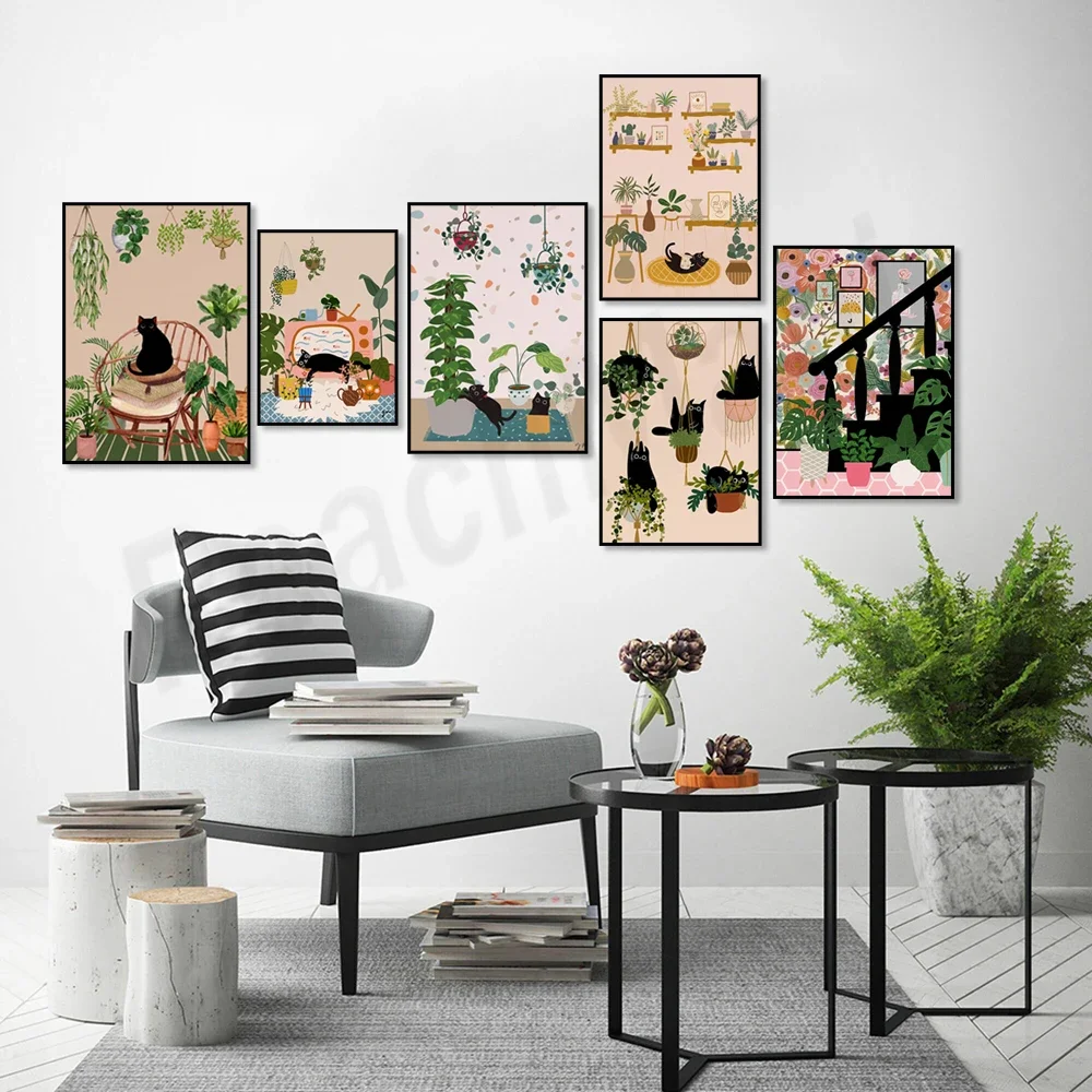Cats and plants, cat on bookshelf and indoor planter, tropical plants on railing stairs, boho botanical print black cat poster