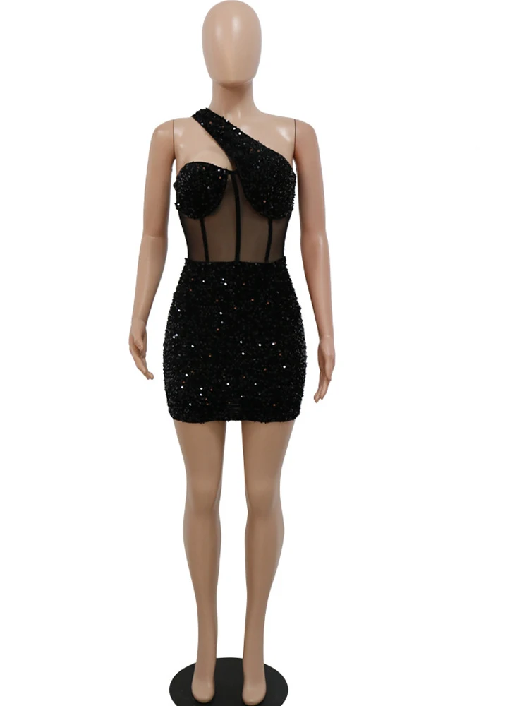 Beyprern Glitter Single Shoulder Sheer Mesh Sequins Short Dress Glam Black Sequins Party Dress Female Robes Sexy Clubwear