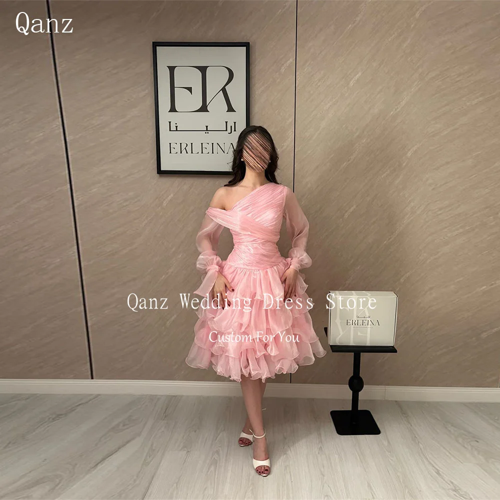 

Элегантное розовое блестящее вечернее платье Qanz из органзы с оборками, многоярусными длинными рукавами, для гостей на свадьбу, Vestidos De Fiesta, на заказ