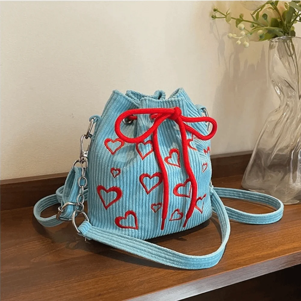 

INS Corduroy Bucket Bags Pleated Design Large Capacity Drawstring Crossbody Bag Knitted Texture Adjustable Straps