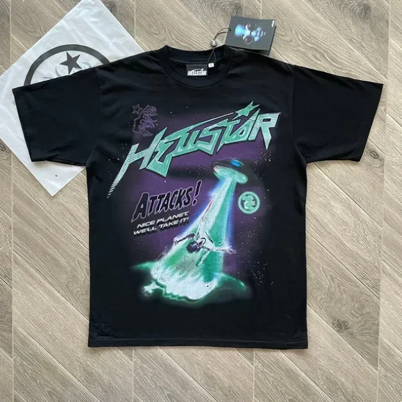 Camiseta de gran tamaño para hombres y mujeres, camisetas con Logo de algodón puro negro con estampado alienígena de la mejor calidad