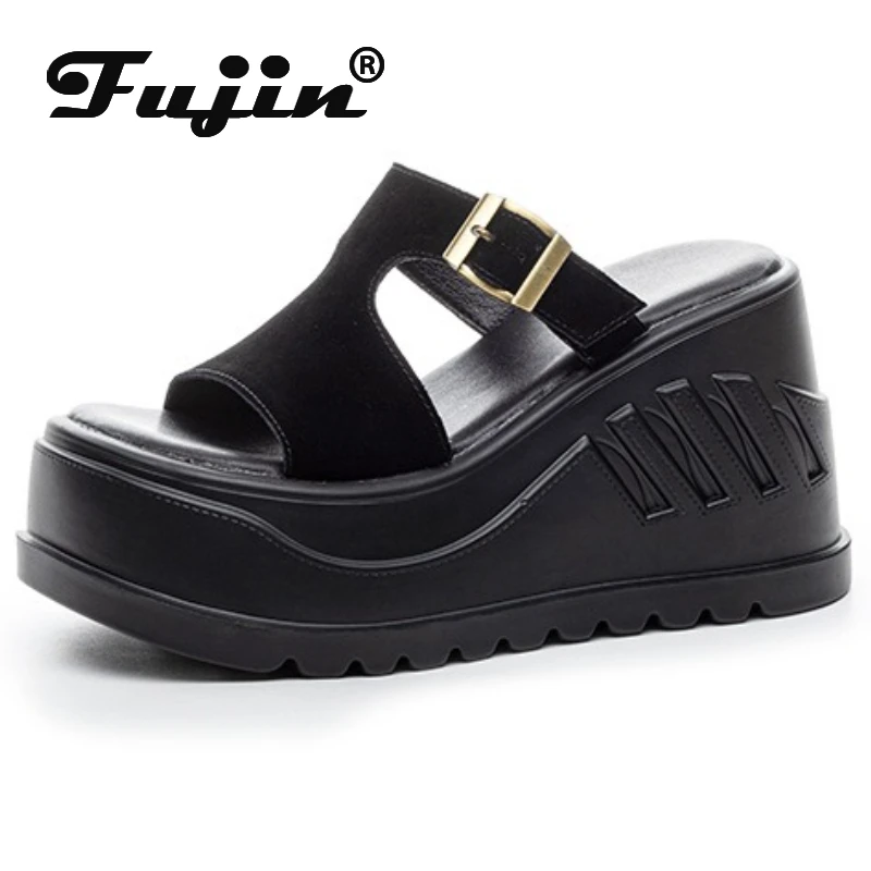 

Fujin 10cm Slippers Suede Cow Genuine Leather Platform Wedge Peep Toe Sneakers Pumps Summer Women Sandals ROME Shoes