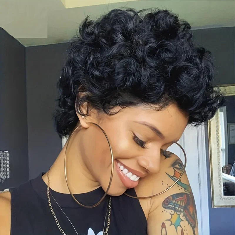 Bouncy Curly Human Hair Wig Pixie Cut Wig Short Curly Human Hair Wigs For Women Full Machine Made Wigs Egg Curls Wig