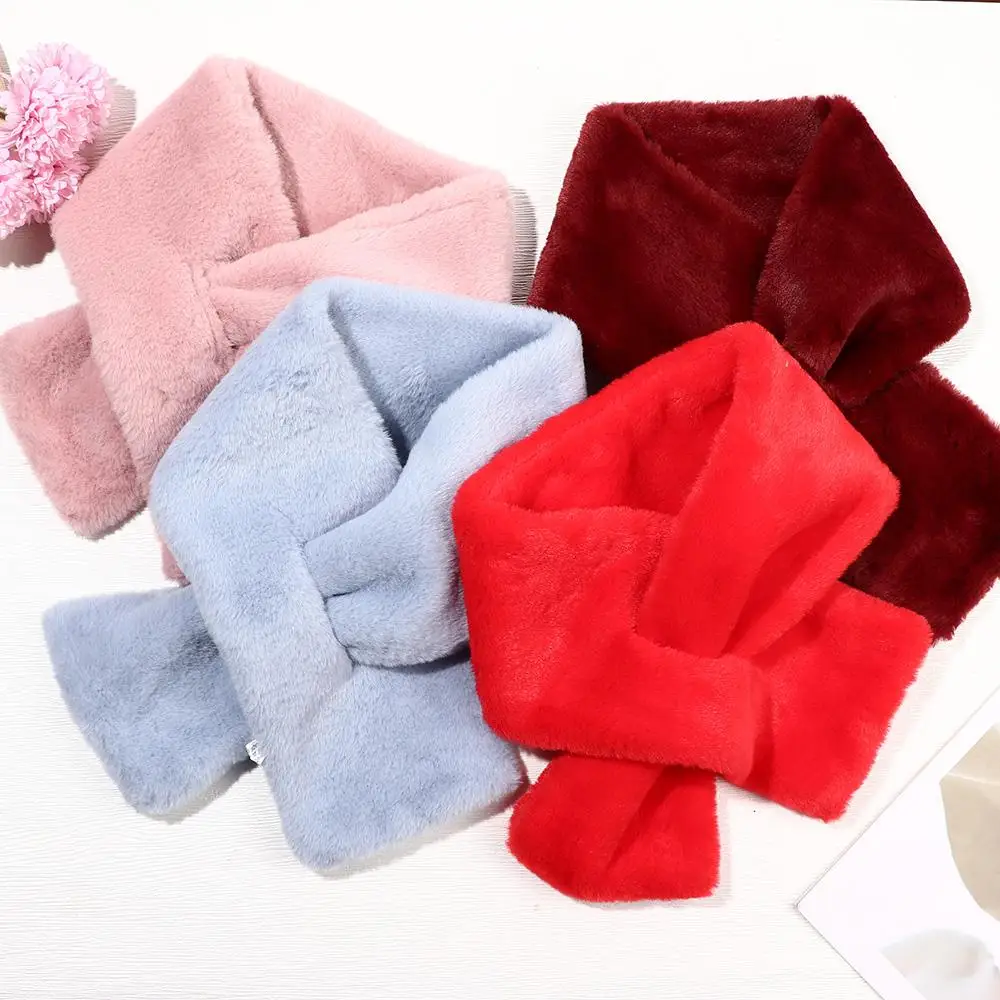 Women Winter Warm Thicken Cross Collar Scarf  Solid Color Faux Rabbit Fur Plush Elegant Shawl Scarfs Thicken Neckerchief Wrap