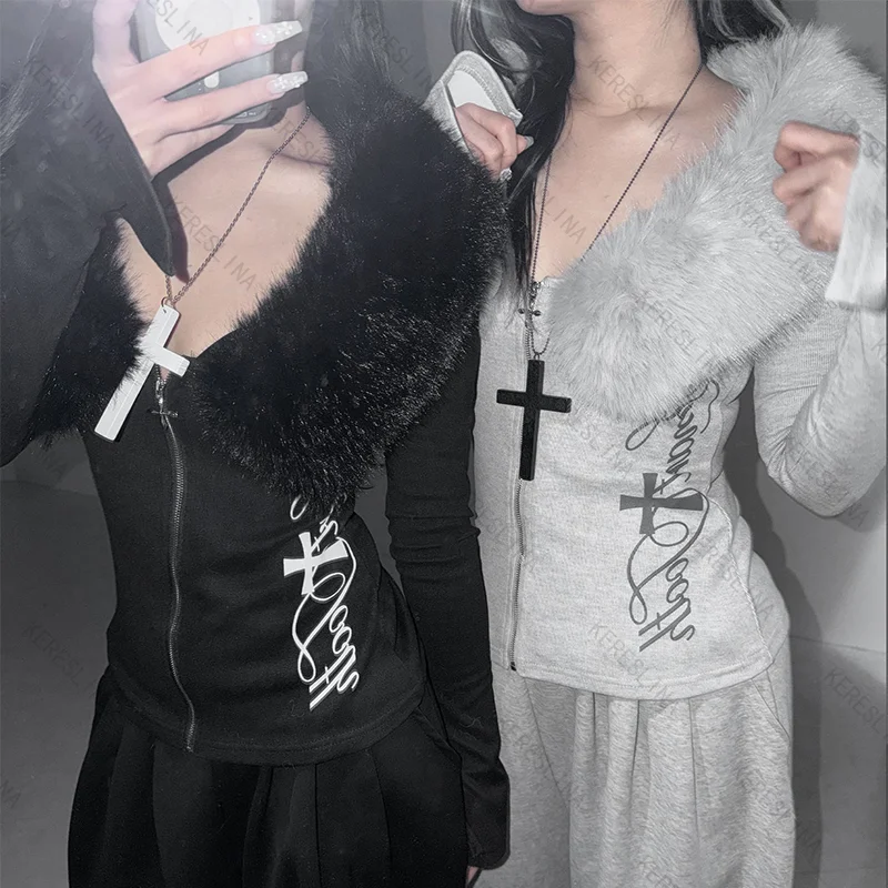 

Куртки с длинными рукавами в стиле Y2K American Harajuku: сексуальные, с плюшевым воротником, на молнии, в стиле панк-эмо, для весенне-осеннего сезона, модные, в стиле «spicy girl».