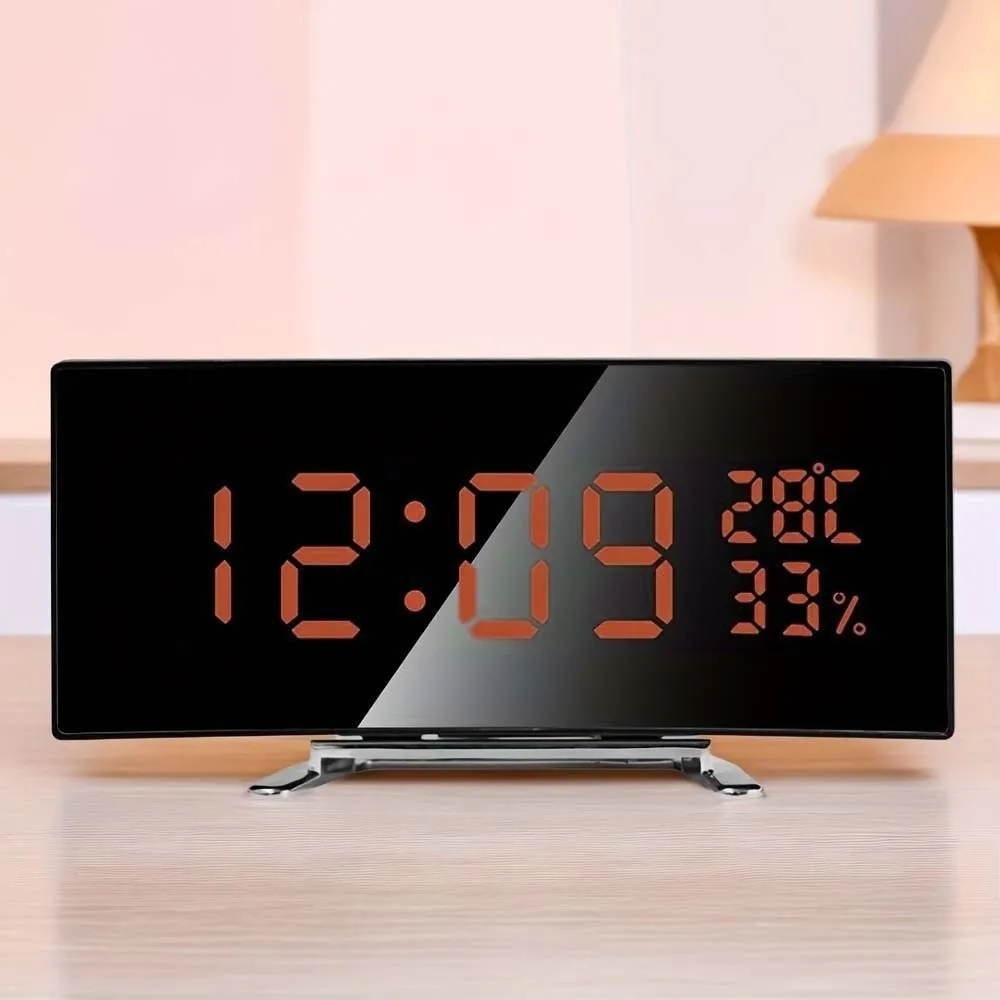 

Modern Curved Screen Digital Alarm Clock Temperature Humidity 12/24h Desk Clock Large Screen Luminous LED Digital Clock Desk Use