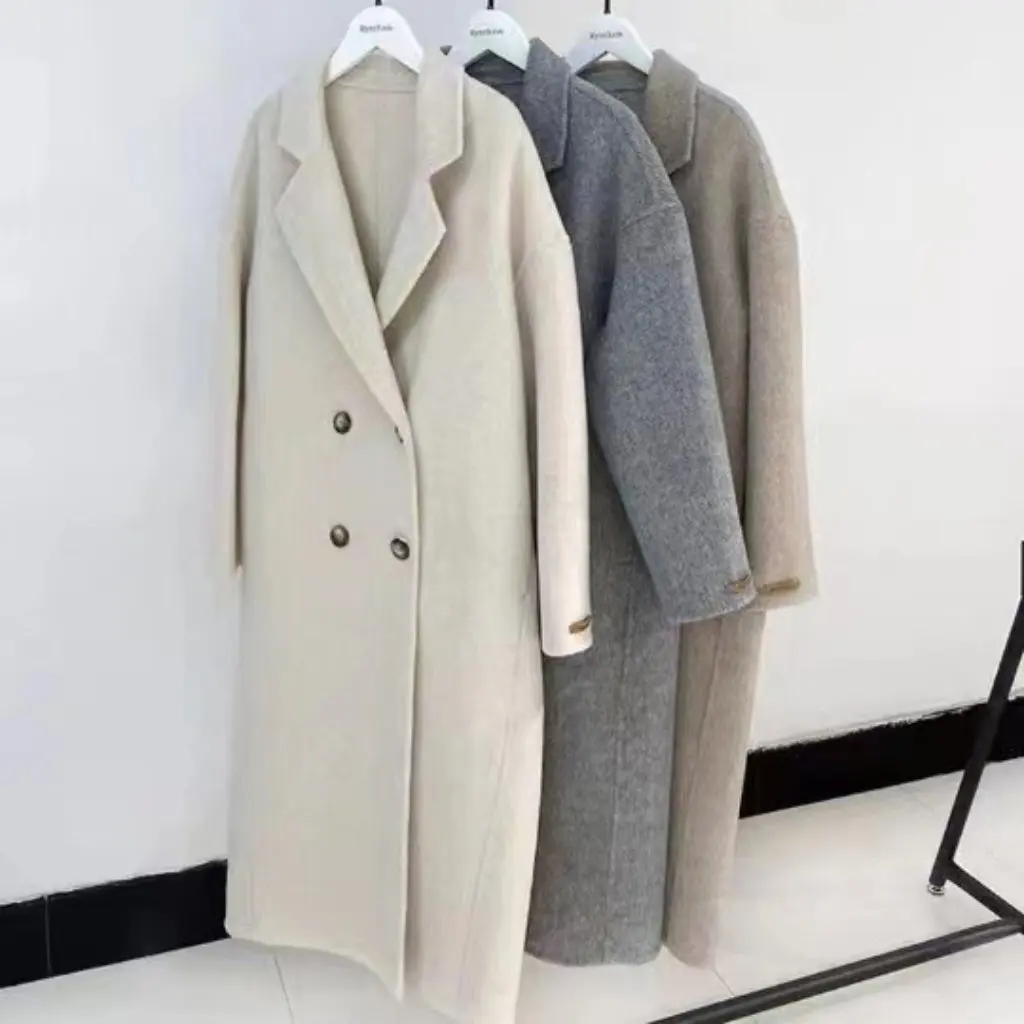 

Women's Korean Fashion Double-Sided Wool Outwear High-End Hand-Sewn Slim Versatile Long Outerwear for Stylish Attire