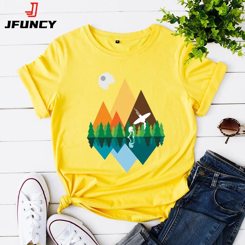 JFUNCY 100% Cotton Summer Tshirt Mountain Printed Women T-Shirt Short Sleeve Woman Tee Tops Female Loose T Shirt