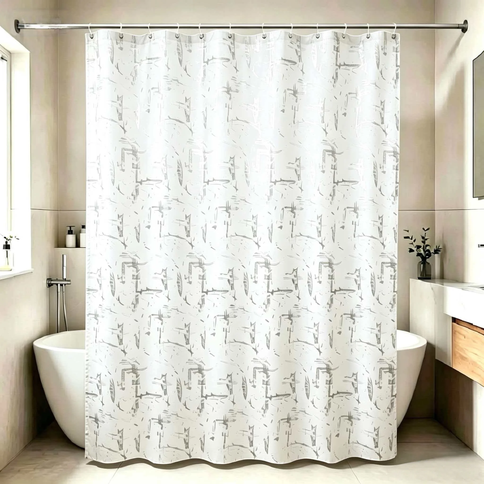 1PC Silver Foil Graffiti Shower Curtain, Decorative Bathroom Curtain with Free Matching Hooks for Home Bathroom Decor
