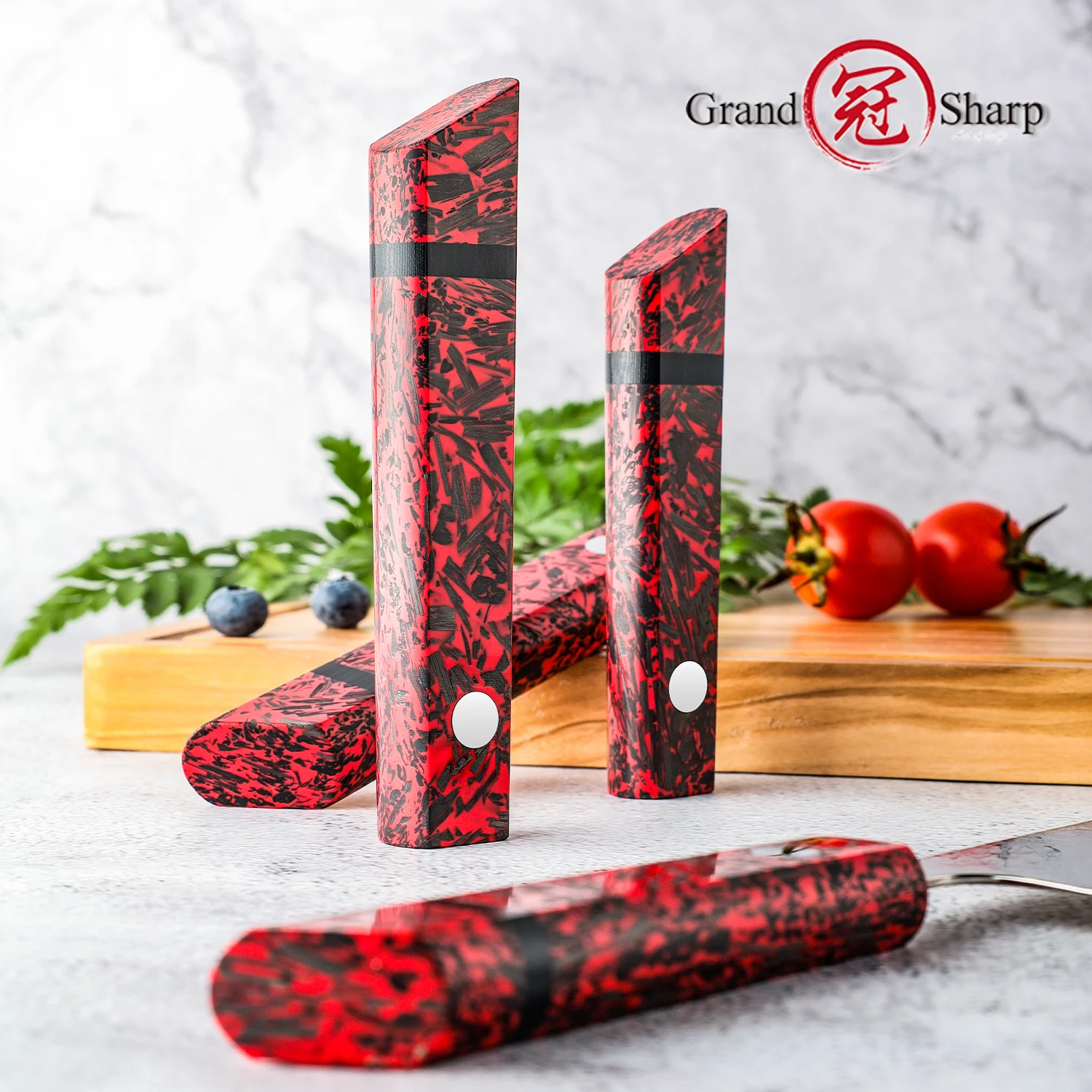 Grandsharp Professional Kitchen Knife Handle Red Resin + Carbon Fiber Premium Carbon Fiber Chef's Knife Handle Comfortable Grip