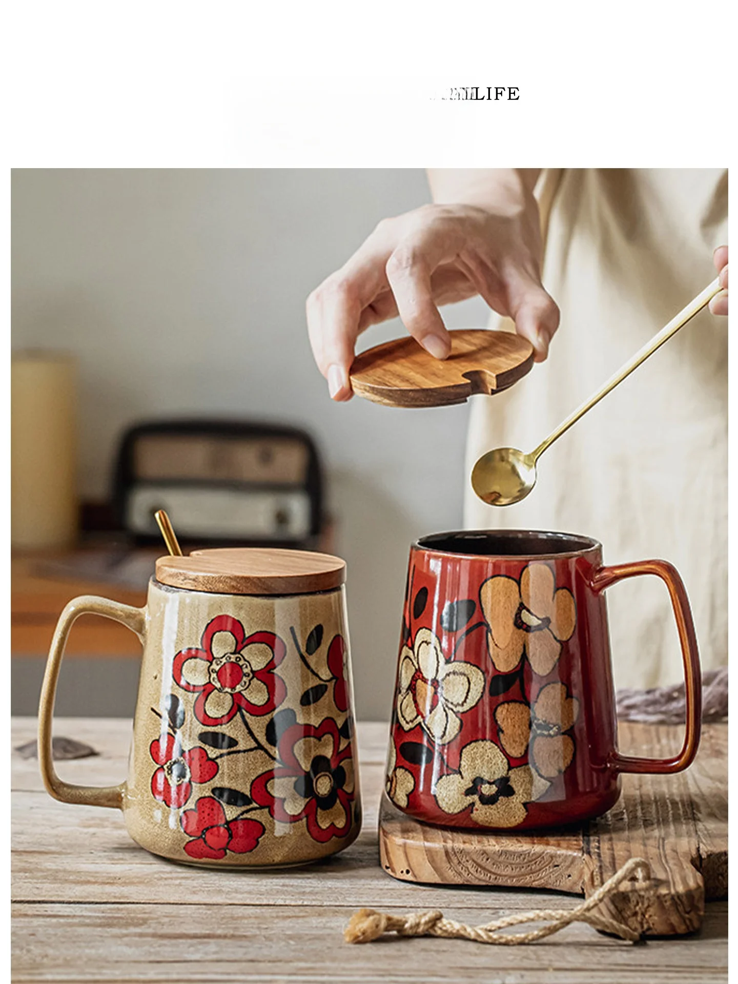 Tlife Retro Sle Hand-Painted Large Capaci Cerc Mug Office Coffee Cup with Wood Lid Plant Floral Design Single Ear Handle