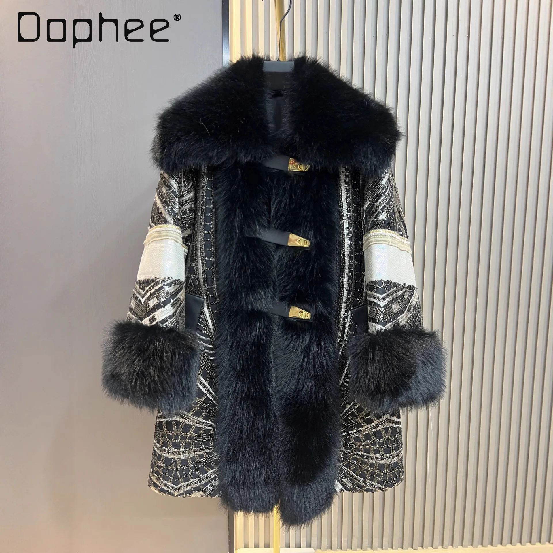 

2025 Autumn Winter New Faux Fox Fur Coat Fashionable Stylish Korean Version Heavy Sequins Trendy Women's Jacket Furry Coat