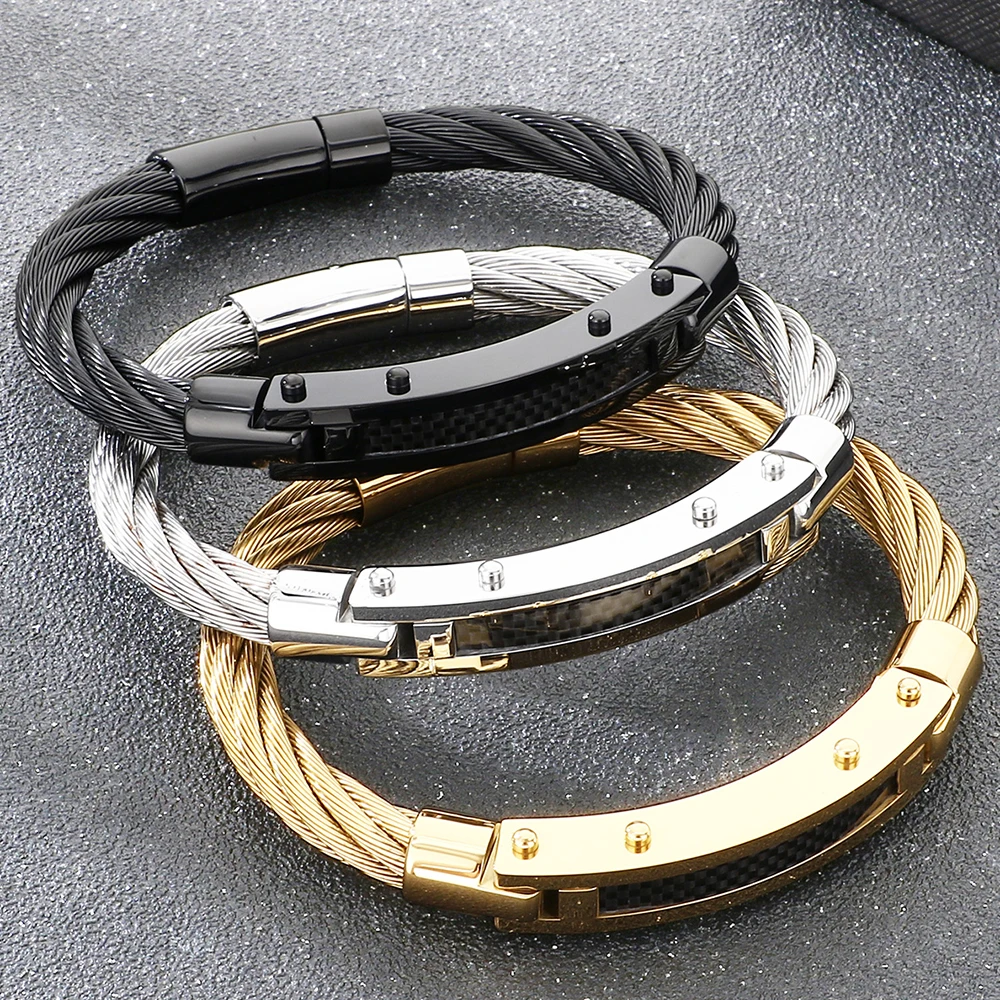 Men's Curved Carbon Fiber Wrap Bracelet for Man 8MM Width Braided Stainless Steel Wire Chain Wristwear Fashion Jewelry Gift Boys - Image 2
