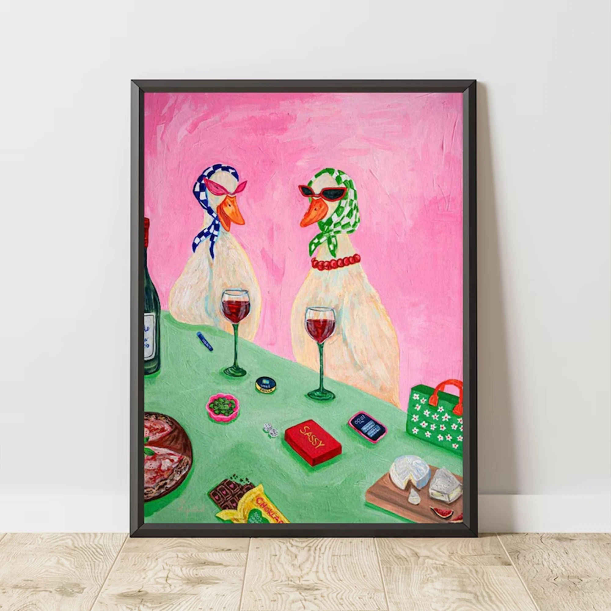 Moderne Wandkunst mit Enten, die Wein trinken, Leinwanddruck, Poster, Bild für Wohnzimmer, Schlafzimmer, Heimdekoration