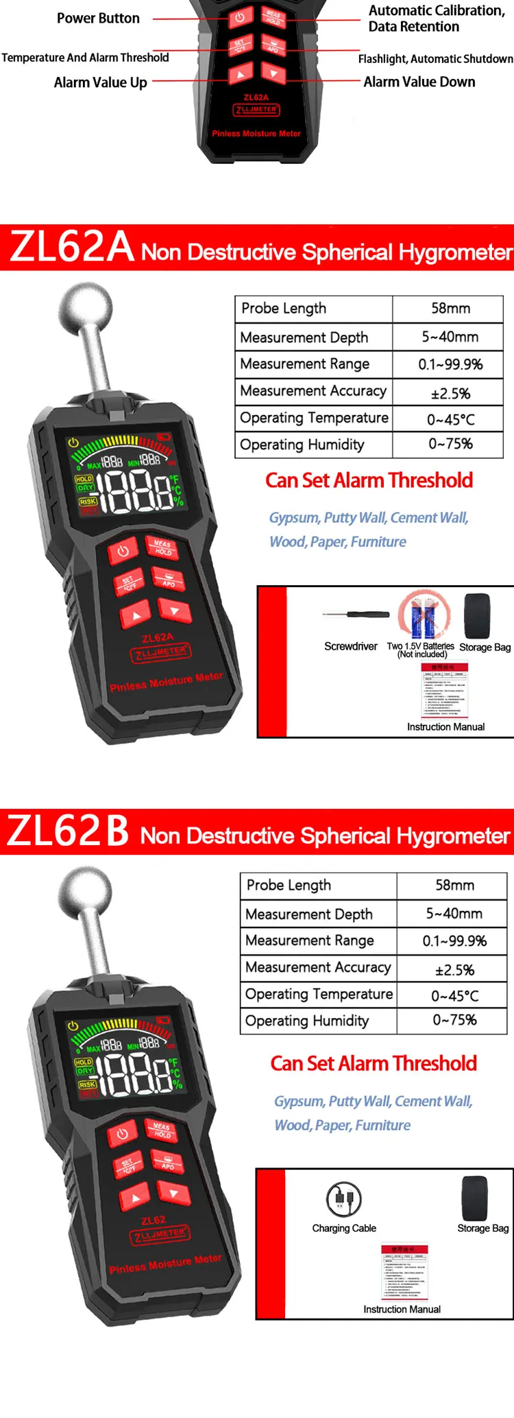 Pinless Holzfeuchtemessgerät, digitales Hygrometer, berührungsloser Holzfeuchtigkeitsdetektor, Wandfeuchtigkeitstester, Typ C, wiederaufladbar – Detail 7